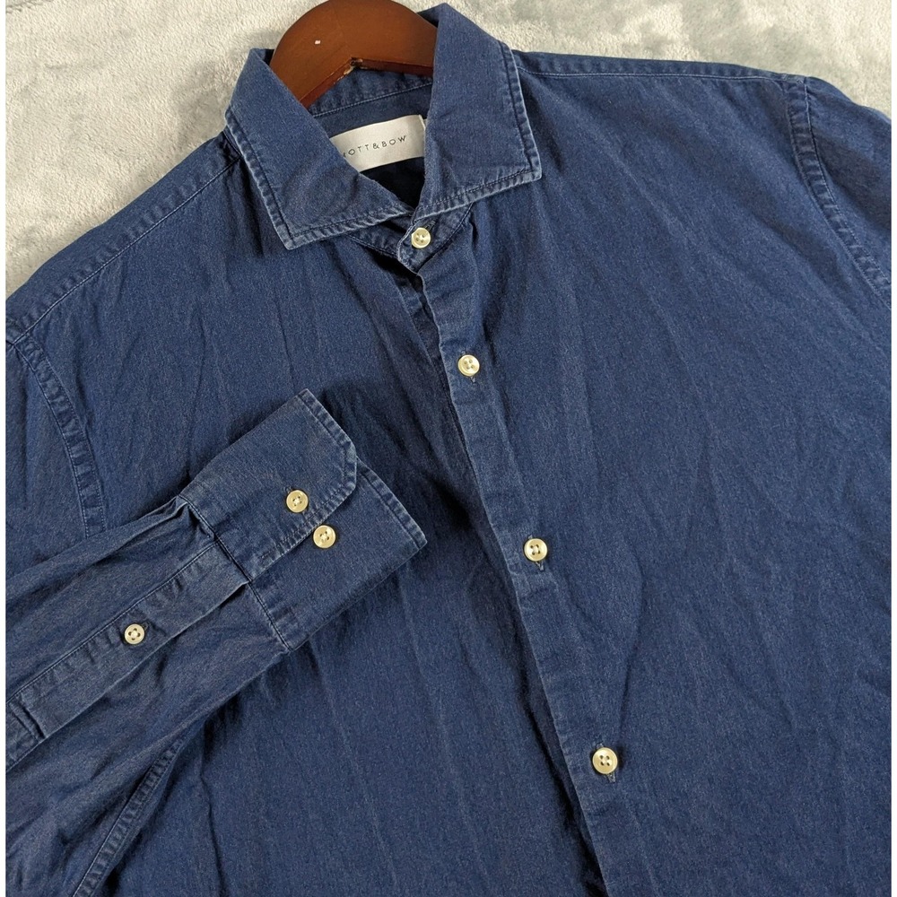 Mott & Bow Chambray Shirt Mens Large Dark Blue Long Sleeve Button Up Casual